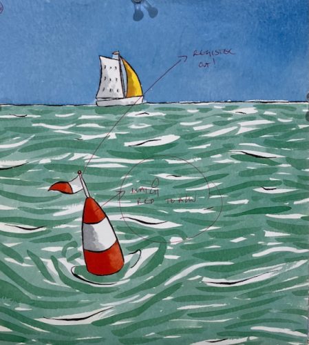 Galley Proof: Endpapers with Artist’s Handwritten Notes Dogs In Boats 